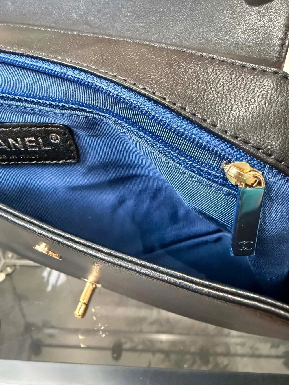 CHANEL Quilted Blue Center Panel Shoulder Bag with Black Trim